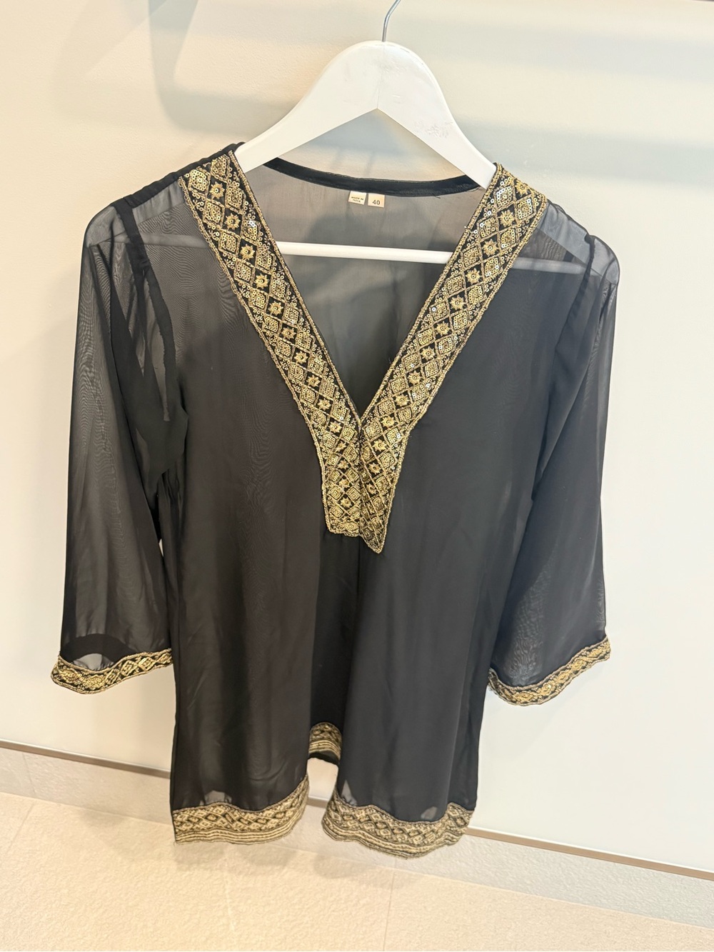Black Sheer Beach coverup/Tunic with Gold Embroidered Trim